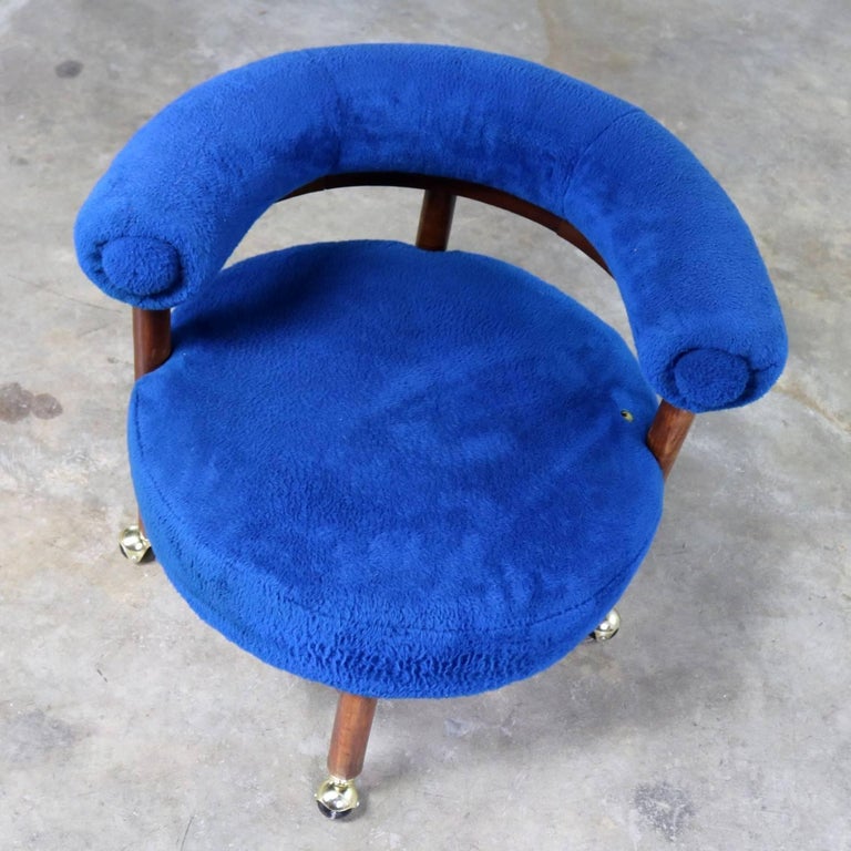 Royal Blue Round Corner Chair with Bolster Back on Casters Midcentury