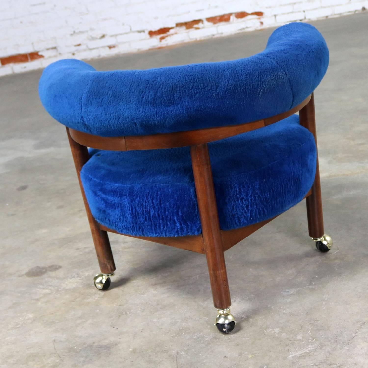 Royal Blue Round Corner Chair with Bolster Back on Casters Midcentury 2