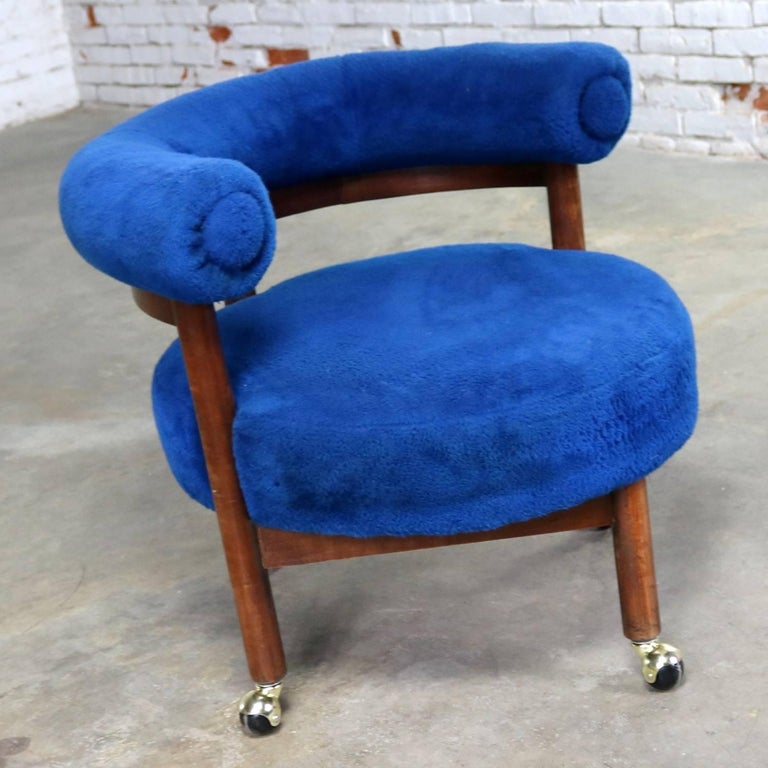 Royal Blue Round Corner Chair with Bolster Back on Casters Midcentury