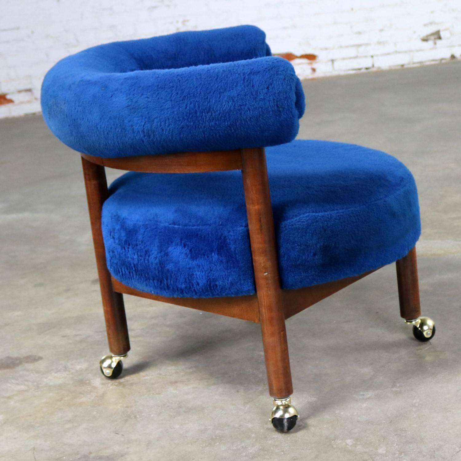 Mid-Century Modern Royal Blue Round Corner Chair with Bolster Back on Casters Midcentury