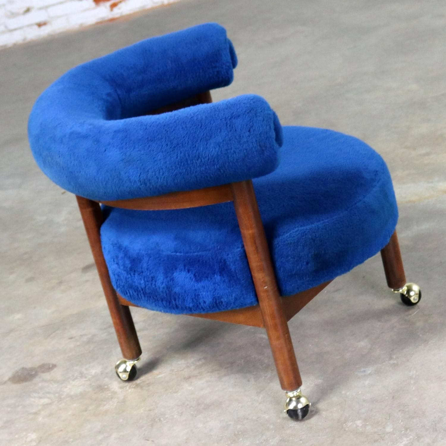 20th Century Royal Blue Round Corner Chair with Bolster Back on Casters Midcentury