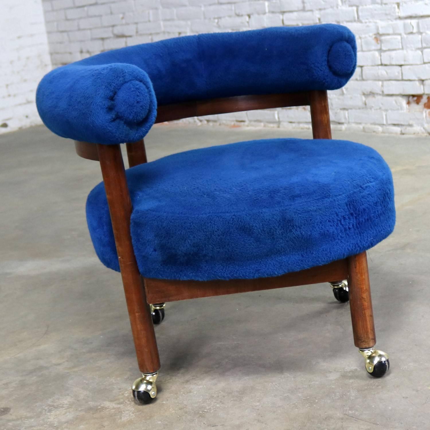 Fabric Royal Blue Round Corner Chair with Bolster Back on Casters Midcentury