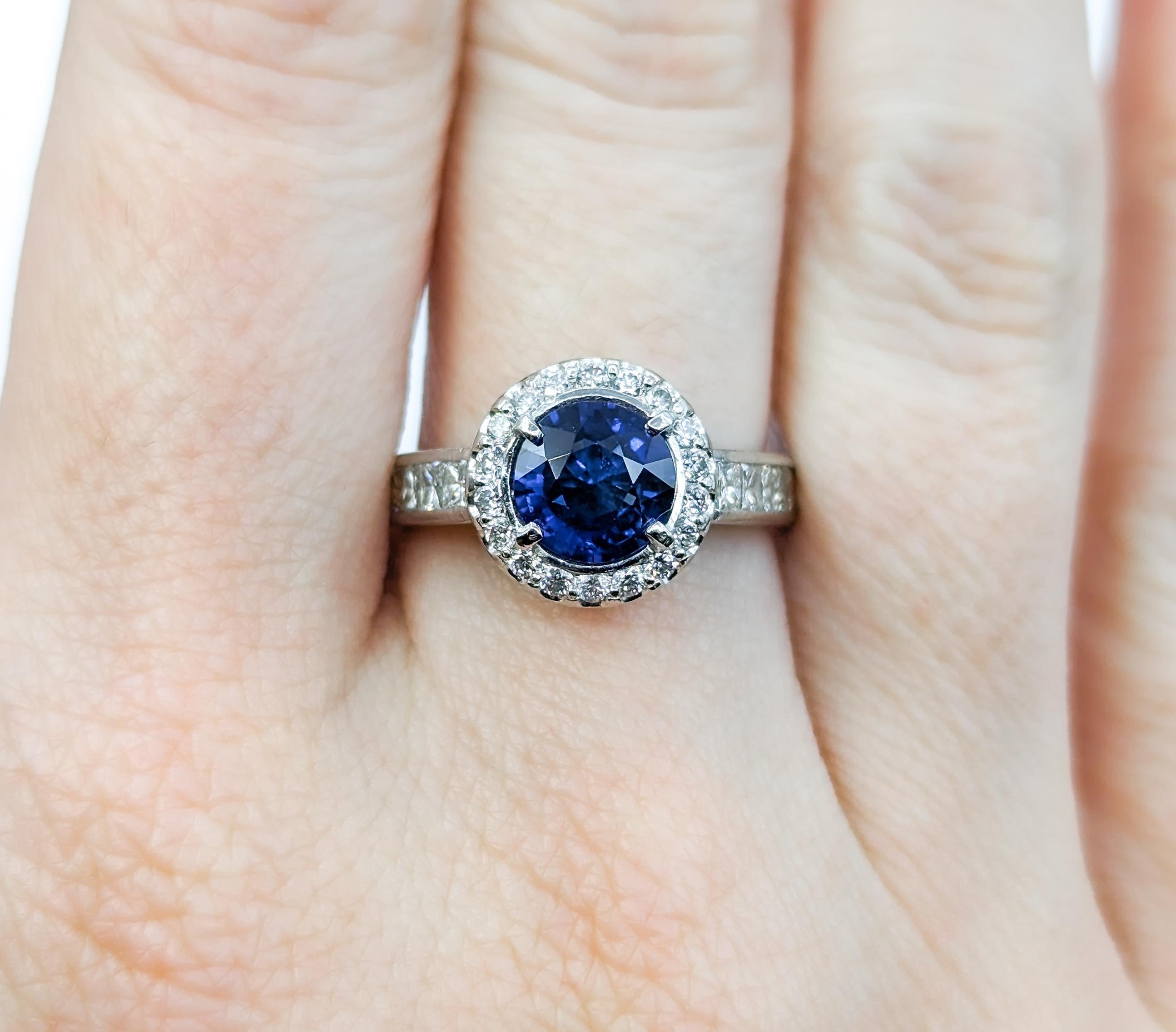 Women's Royal Blue Round Sapphire & Diamond Ring in Platinum For Sale