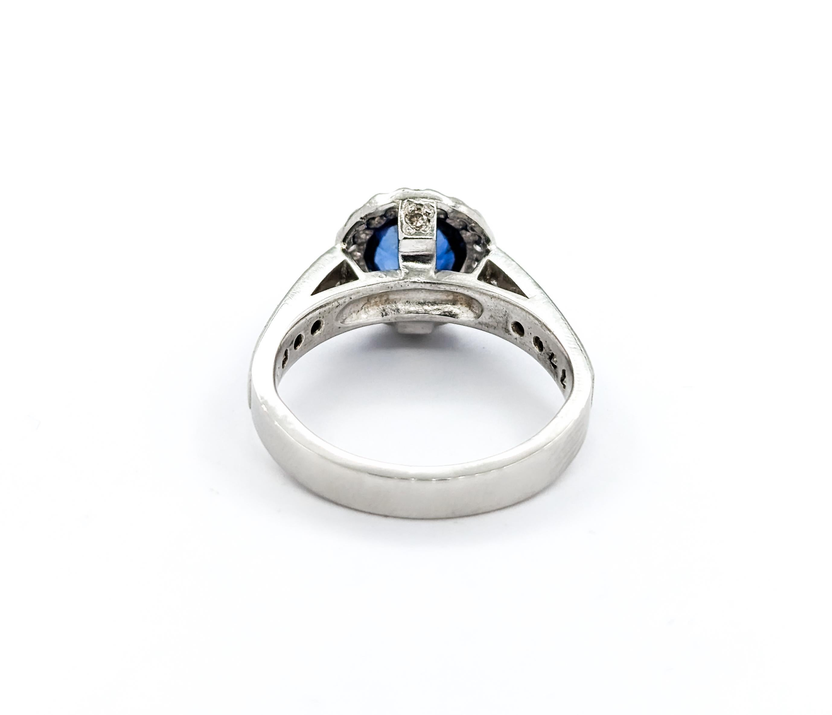 Royal Blue Round Sapphire & Diamond Ring in Platinum For Sale 2