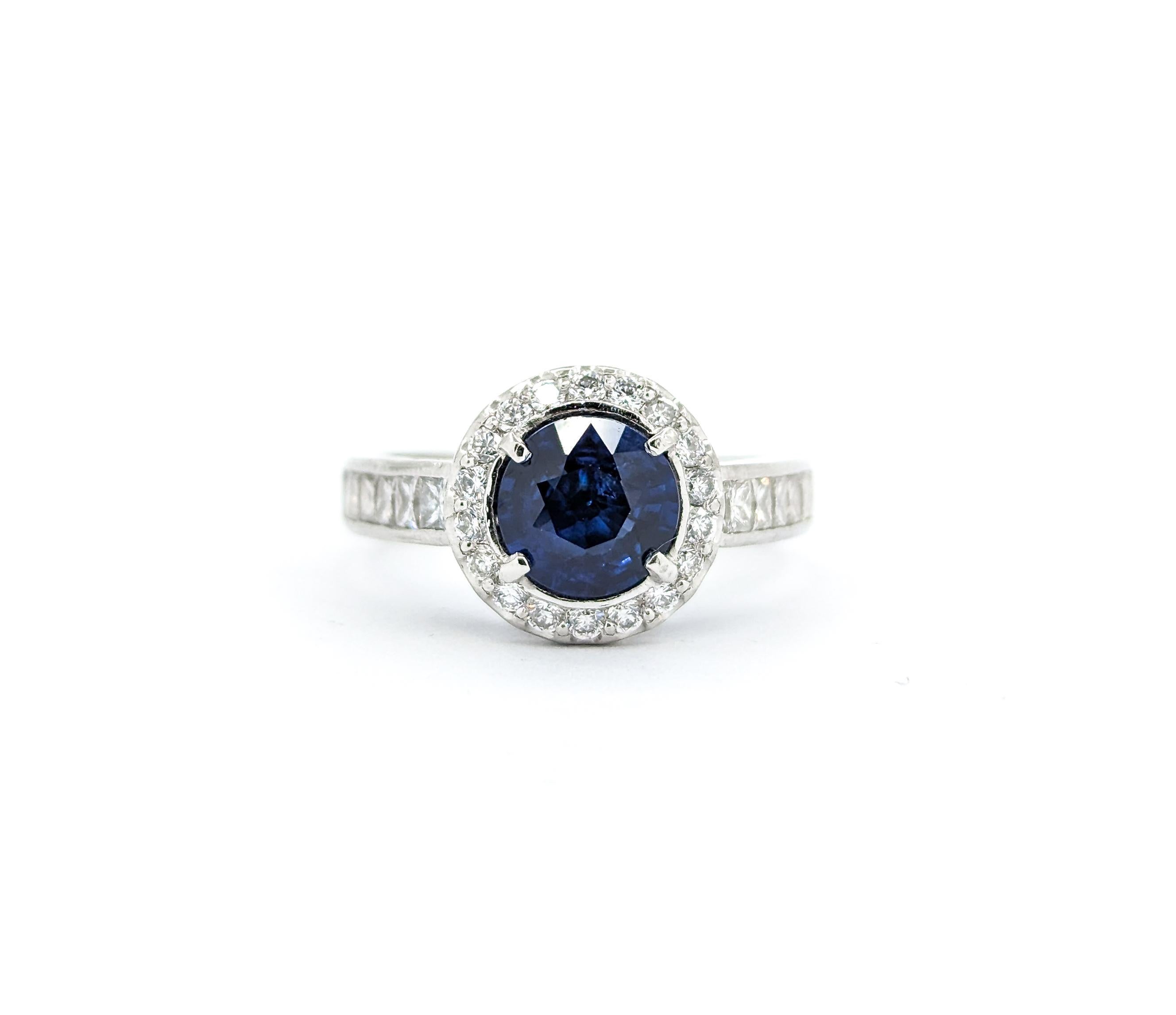 Royal Blue Round Sapphire & Diamond Ring in Platinum For Sale 4