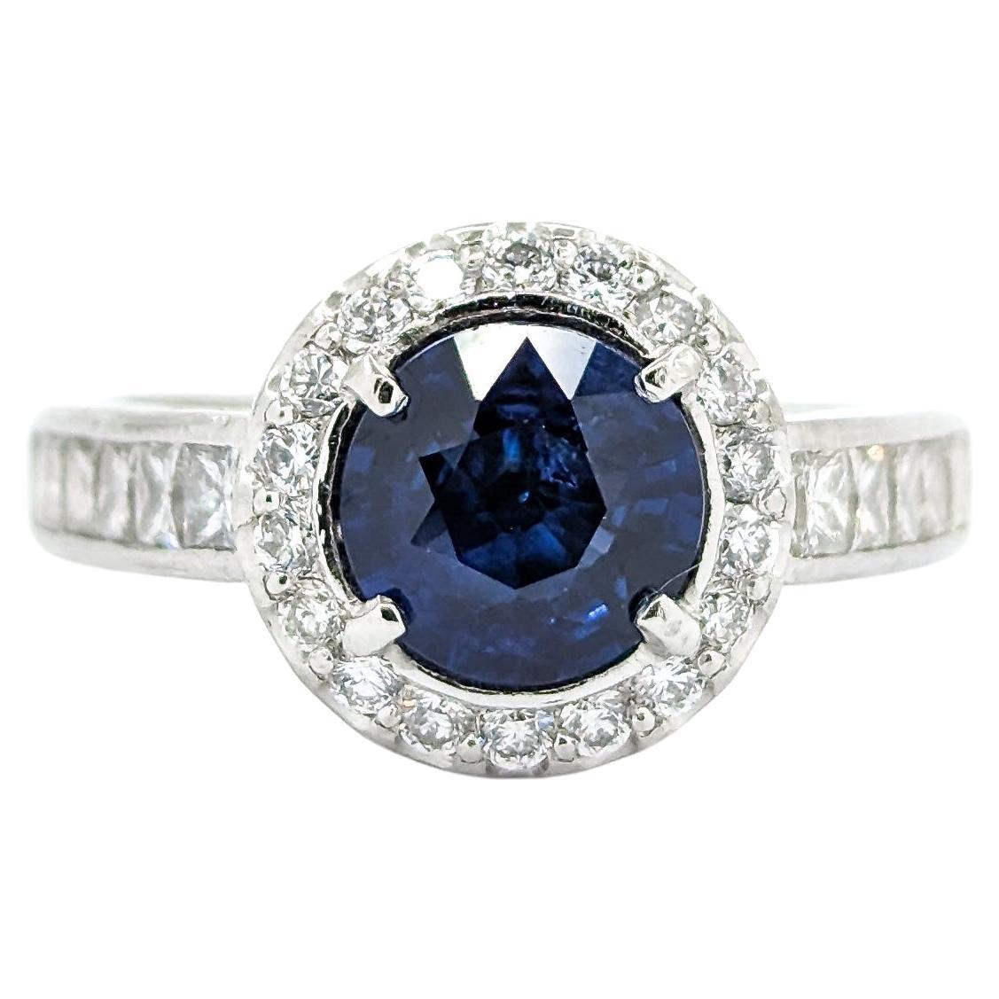 Royal Blue Round Sapphire & Diamond Ring in Platinum For Sale