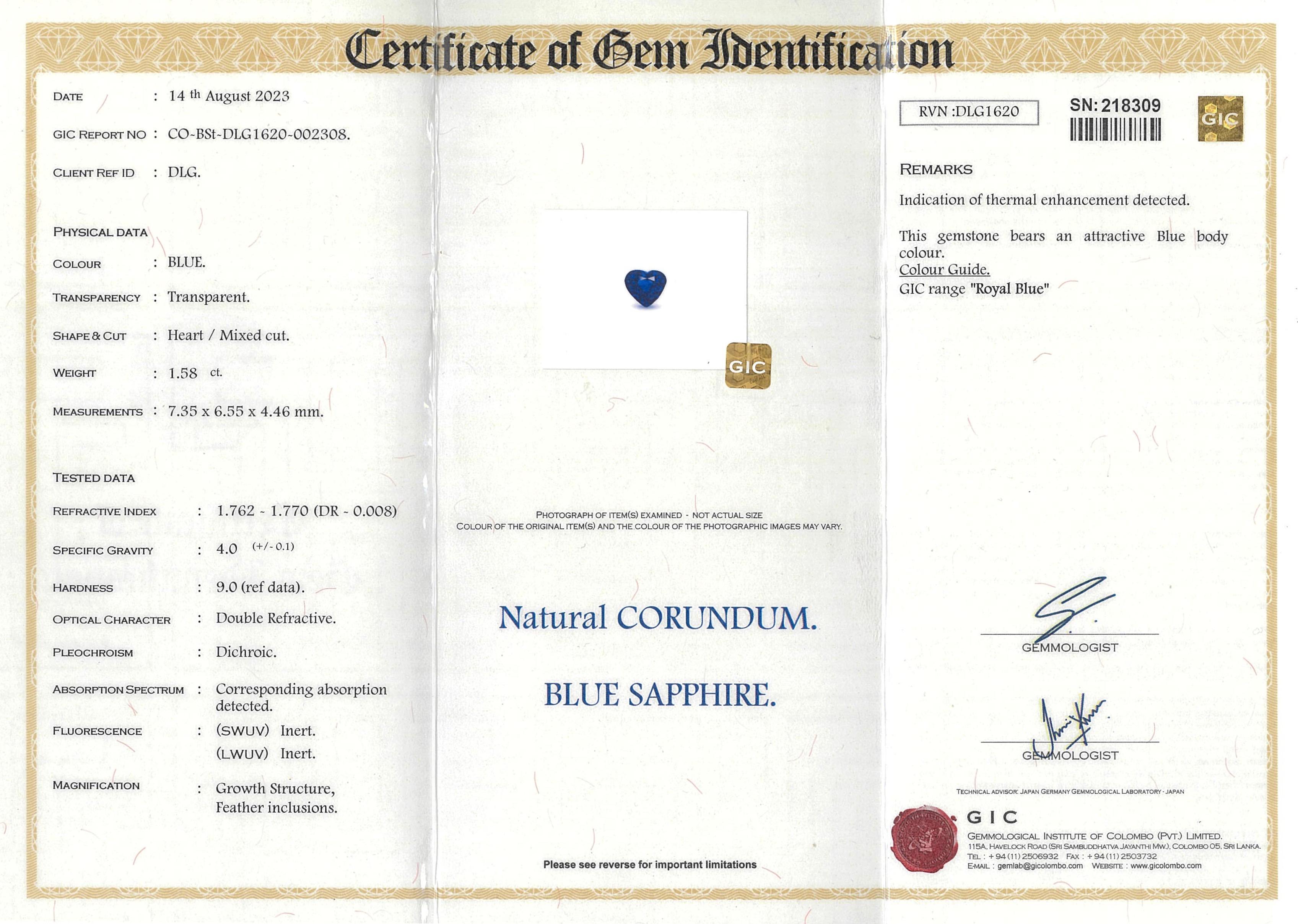 Royal Blue Sapphire 1.58 Ct Heart Natural Heated, Loose Gemstone In New Condition For Sale In South Melbourne, AU