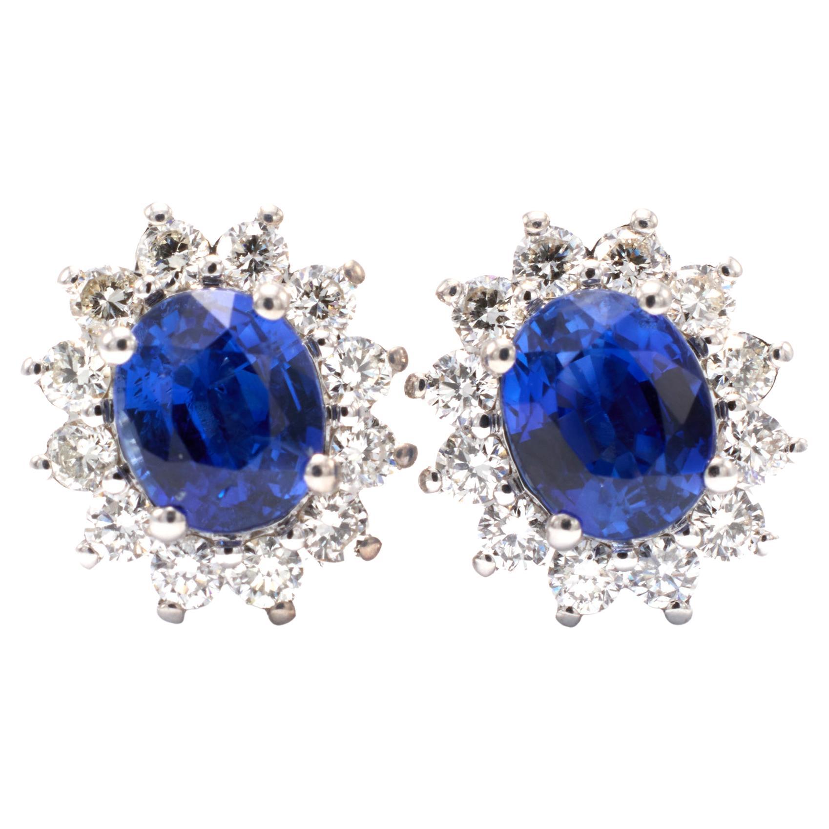 Royal Blue Sapphire and Diamond Earrings Diana in White Gold Handcrafted For Sale