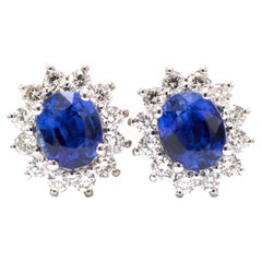 Royal Blue Sapphire and Diamond Earrings Diana in White Gold Handcrafted