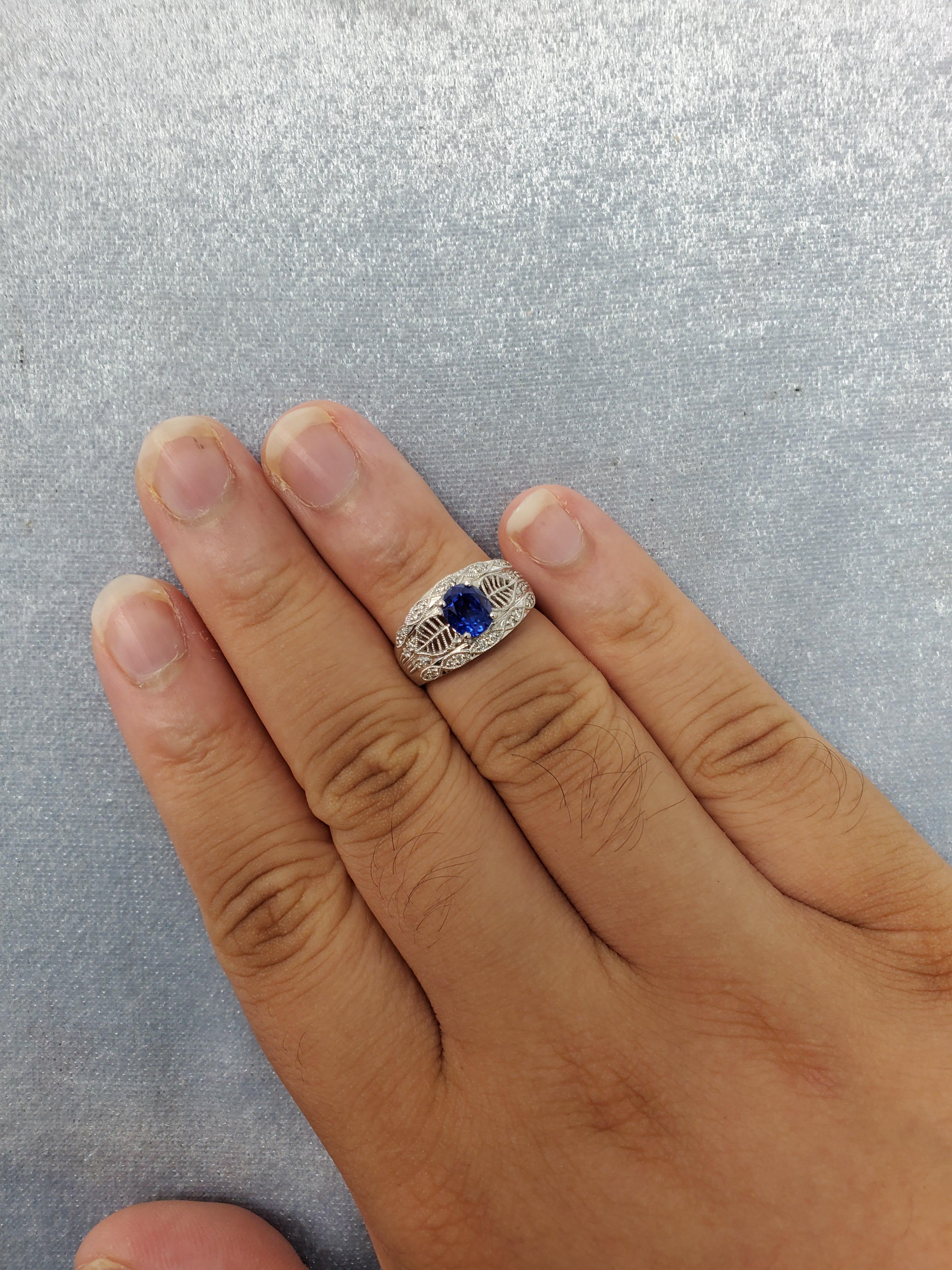 Art Deco Royal Blue Sapphire and Diamond White Gold Engagement Ring