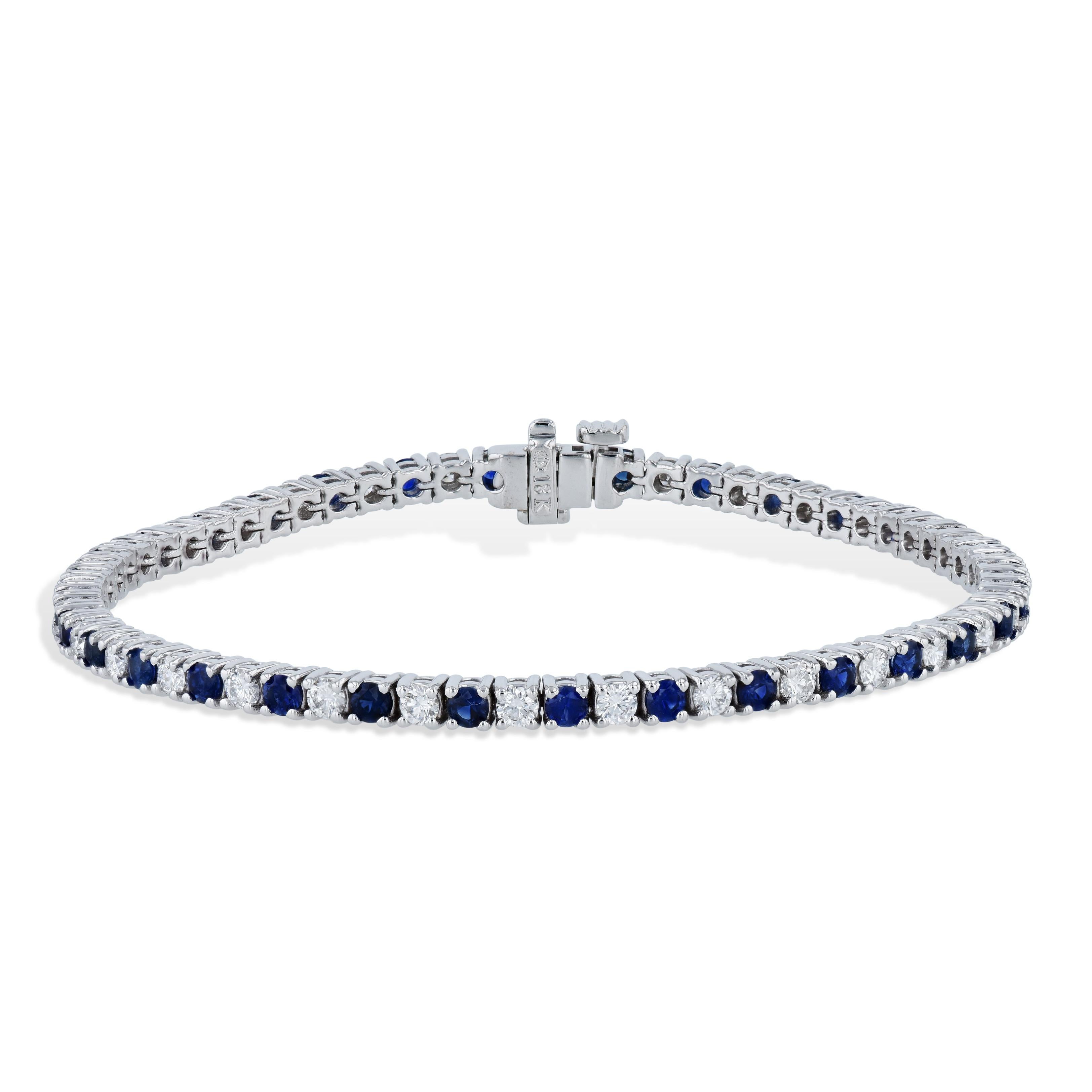 Moderne Bracelet tennis en or blanc, saphir bleu royal et diamants en vente