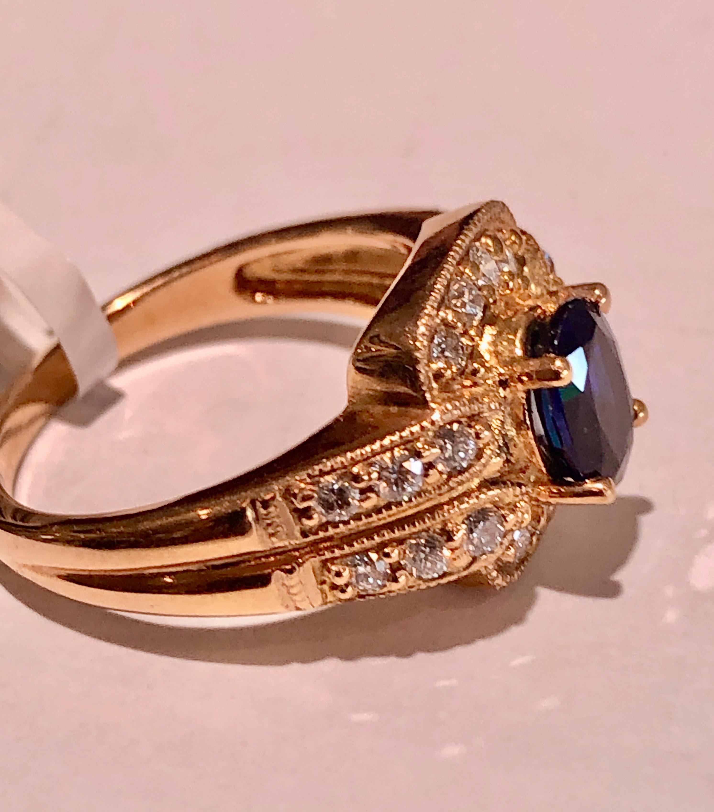 Art Deco Royal Blue Sapphire and Diamonds Ring 18 Karat Rose Gold For Sale