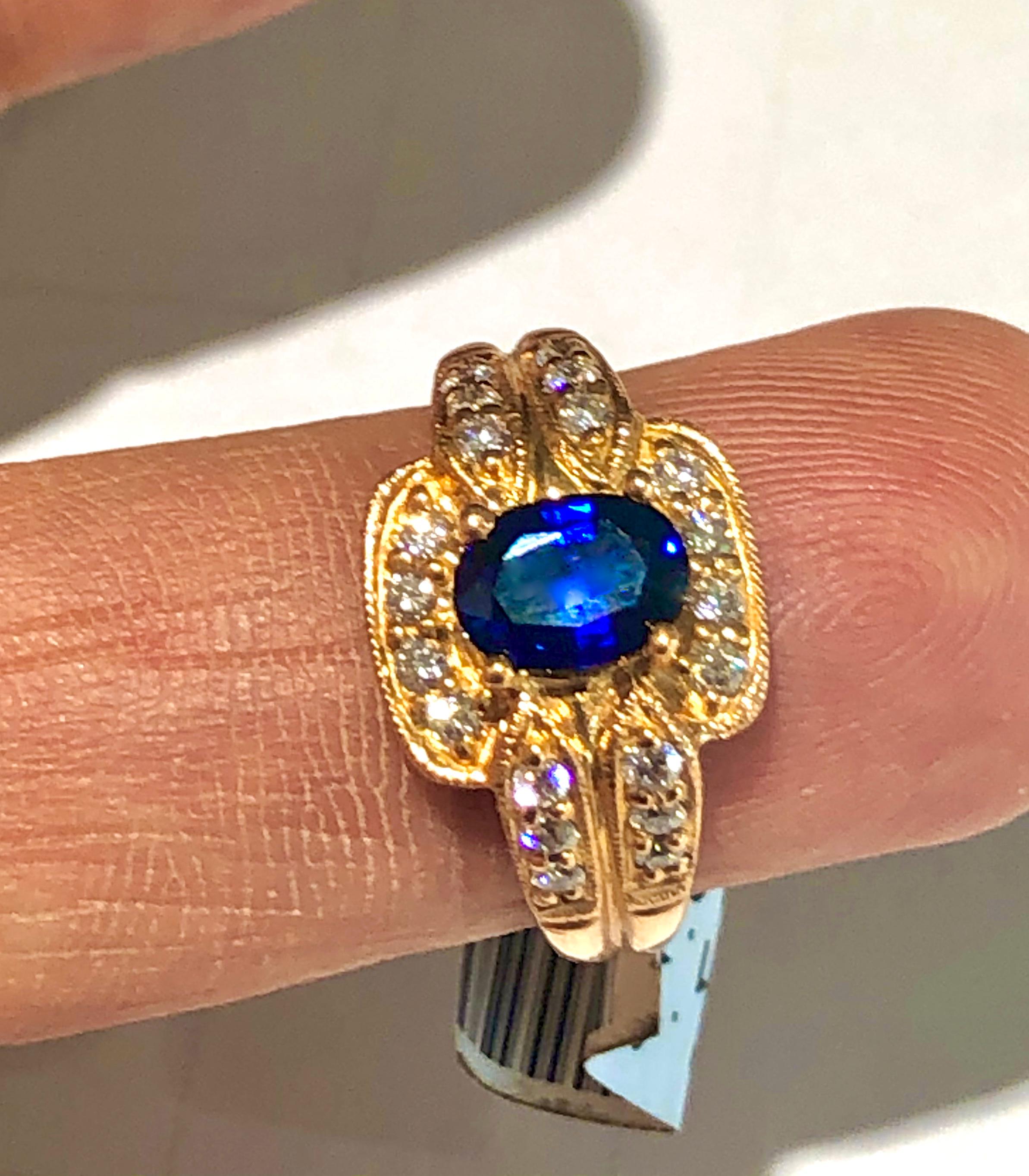 Women's Royal Blue Sapphire and Diamonds Ring 18 Karat Rose Gold For Sale