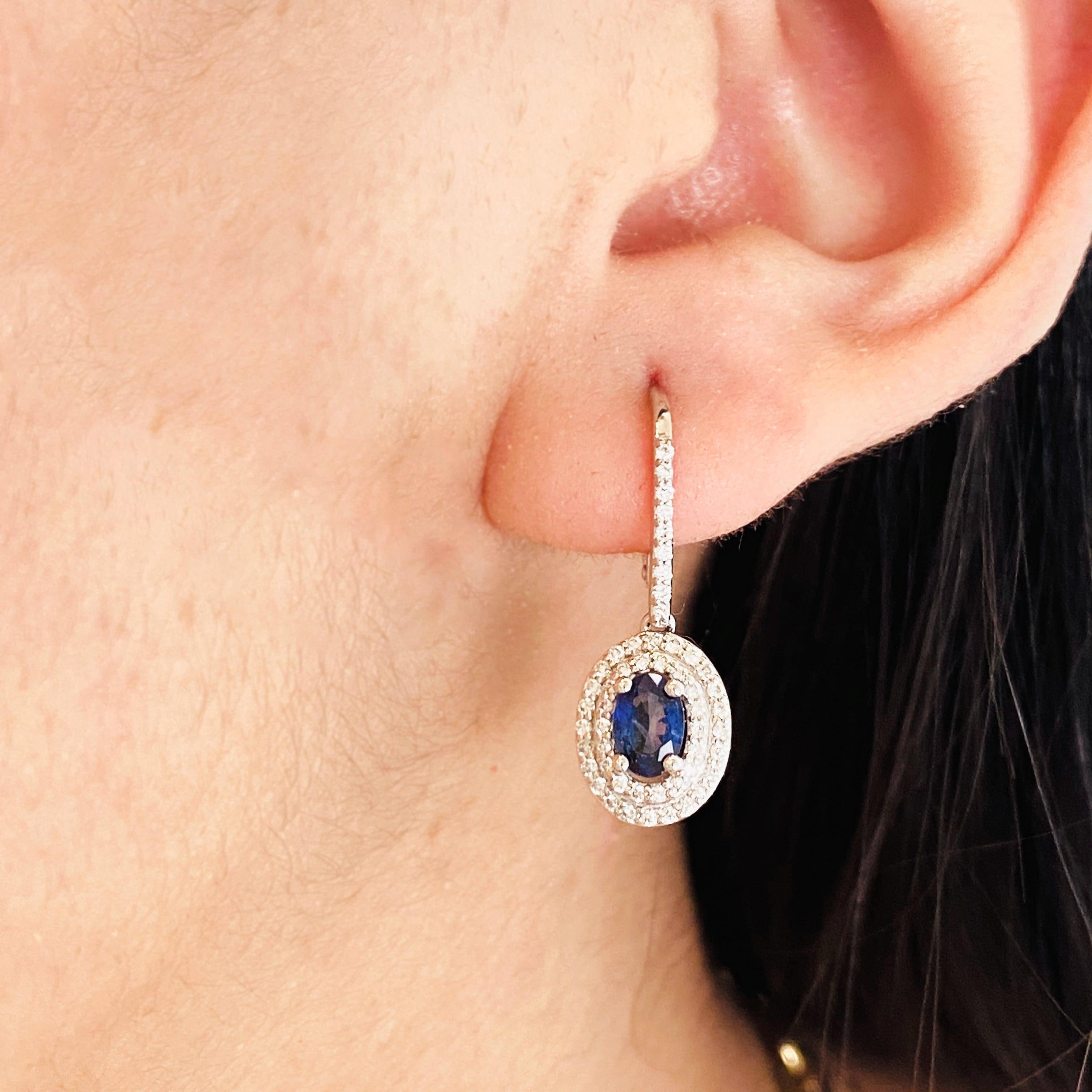 These double halo earrings look stunning for any occasion! Wear them alone or along with other favorite earrings. The bright and rich royal blue of the sapphires is beautifully contrasted with the bright white diamonds and 14 karat white gold. The