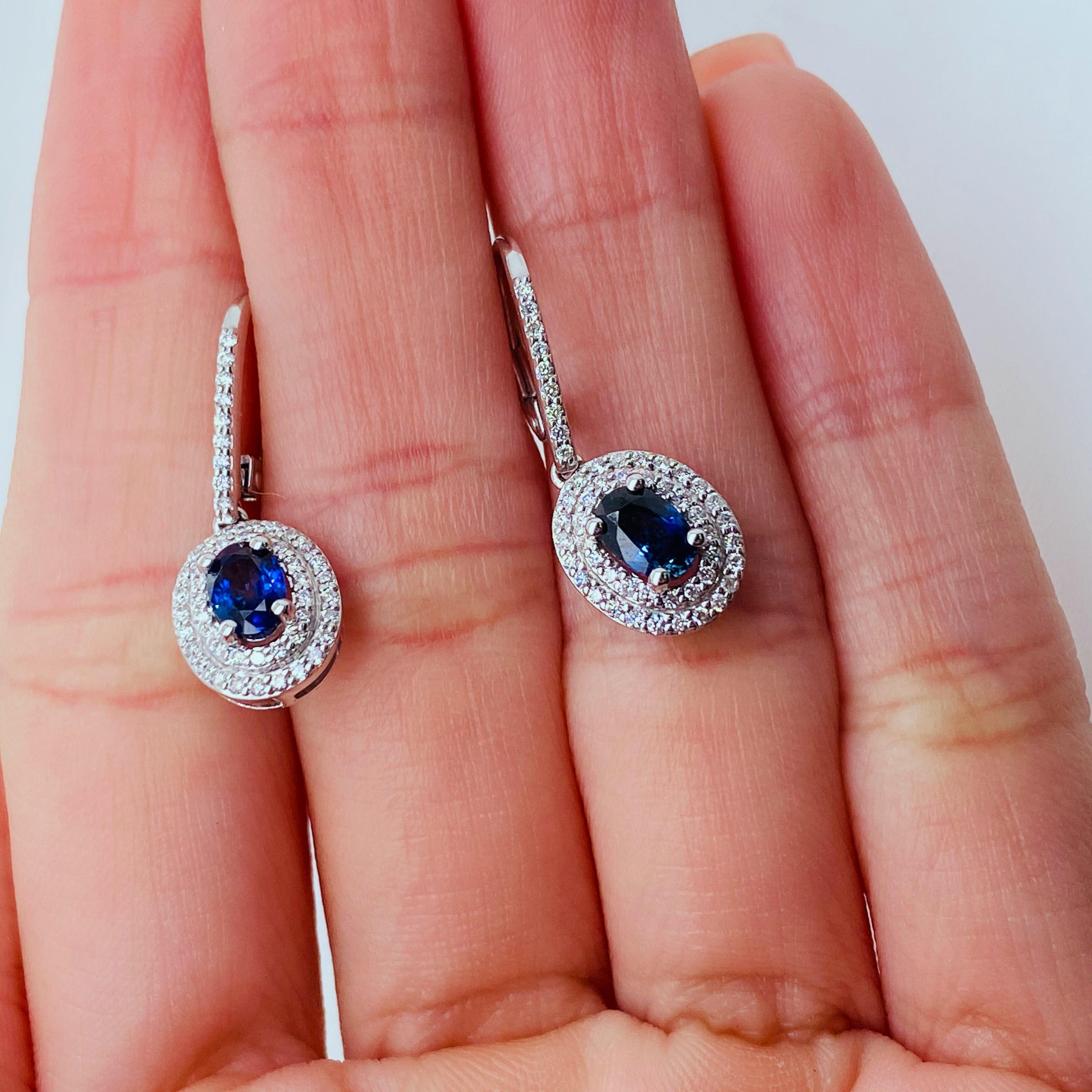 Contemporary Royal Blue Sapphire and Double Diamond Halo Earrings, 1.34 Total Cts in 14KWG LV For Sale