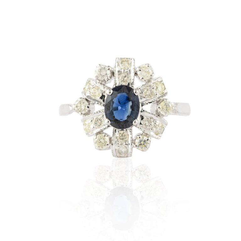 For Sale:  Royal Blue Sapphire and Halo Diamond Cluster Wedding Ring 14K Solid White Gold 3
