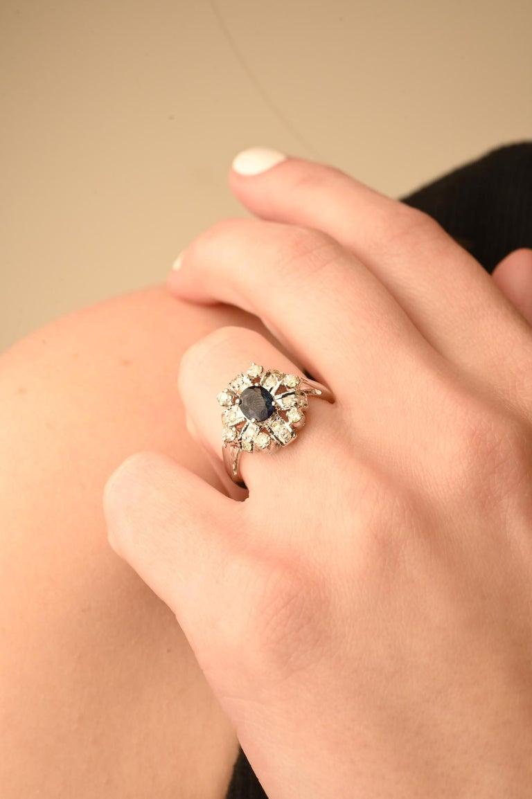 For Sale:  Royal Blue Sapphire and Halo Diamond Cluster Wedding Ring 14K Solid White Gold 4