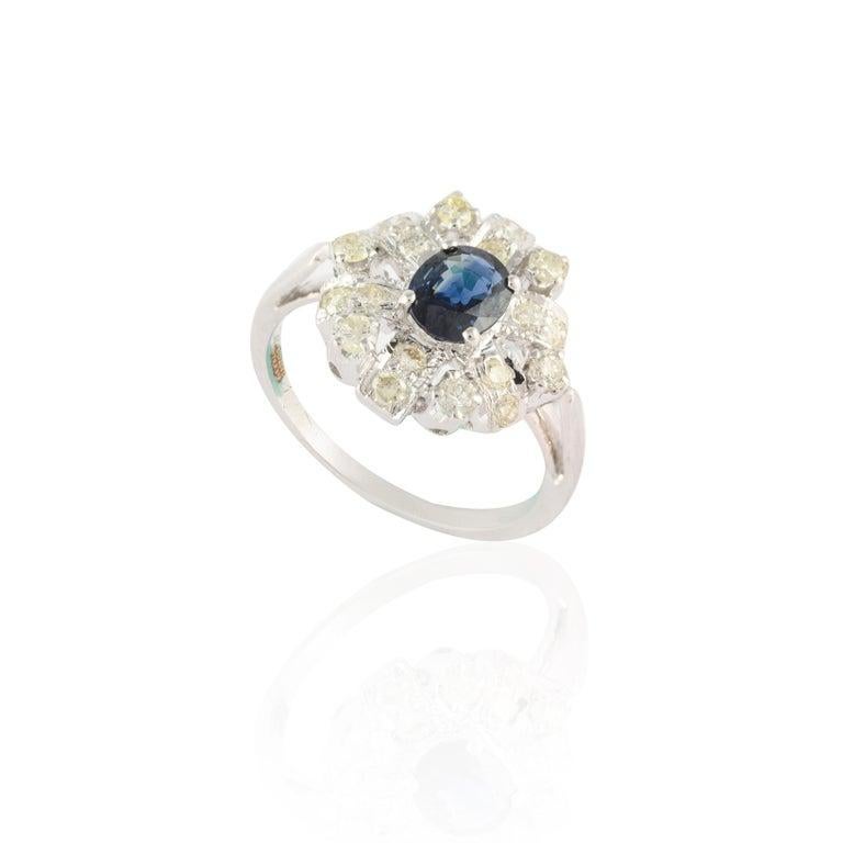 For Sale:  Royal Blue Sapphire and Halo Diamond Cluster Wedding Ring 14K Solid White Gold 5