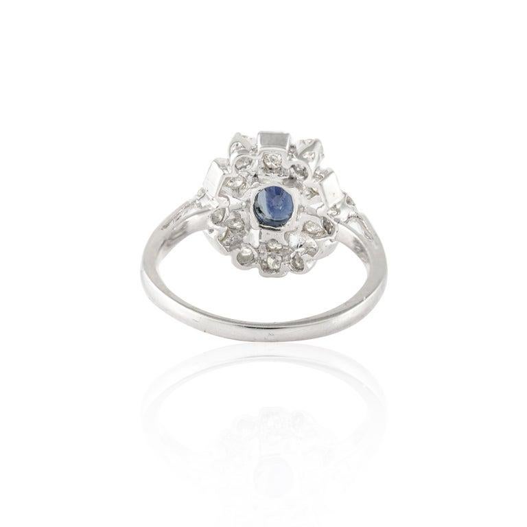 For Sale:  Royal Blue Sapphire and Halo Diamond Cluster Wedding Ring 14K Solid White Gold 7
