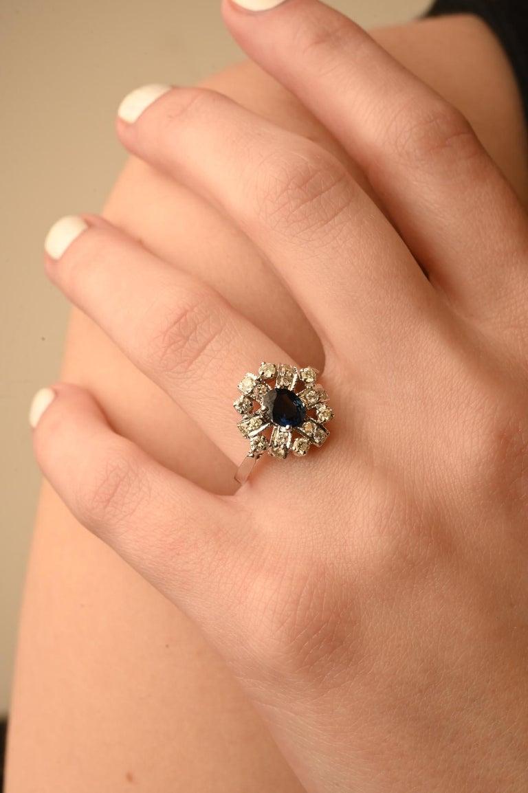 For Sale:  Royal Blue Sapphire and Halo Diamond Cluster Wedding Ring 14K Solid White Gold 8