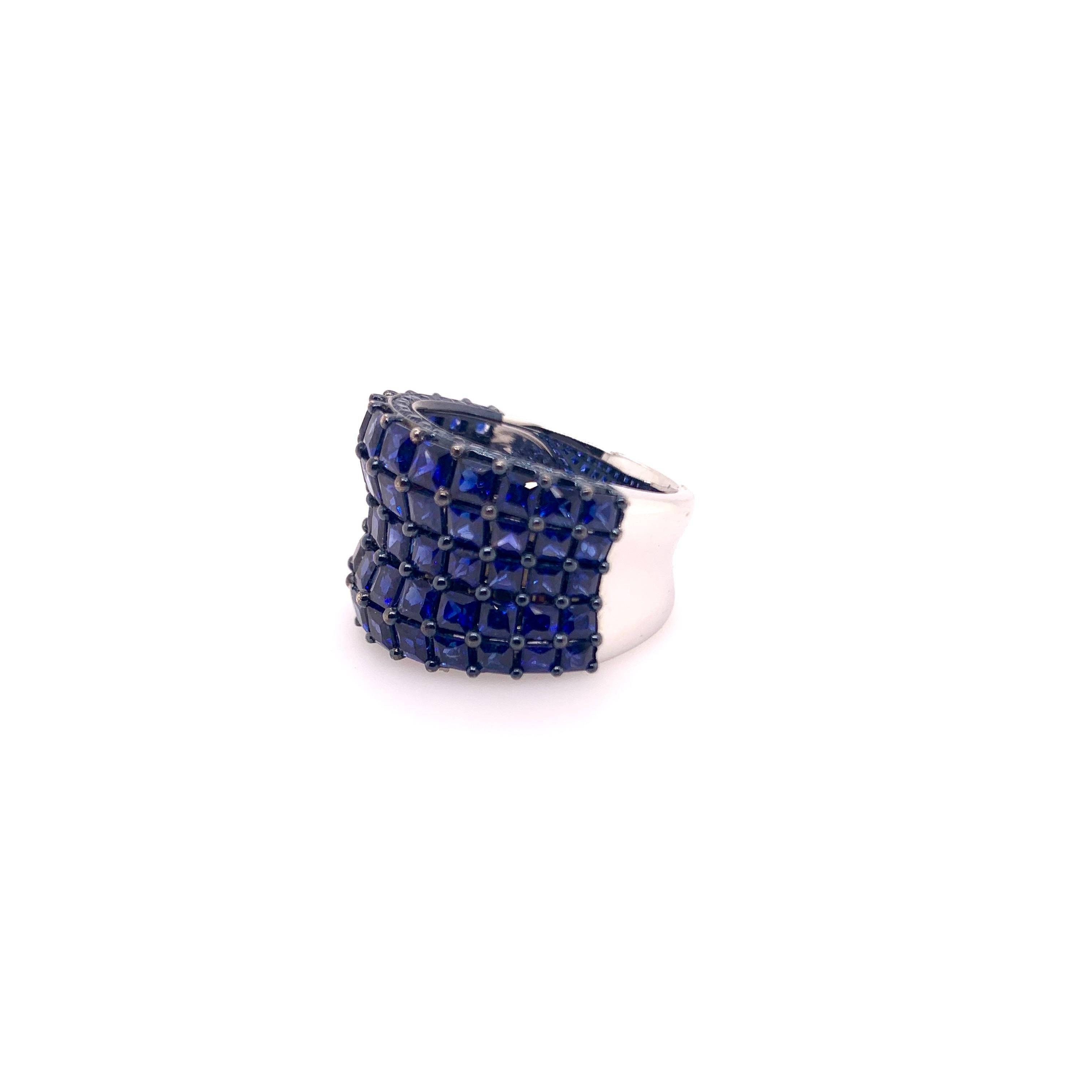 Square Cut Royal Blue Sapphire Cigar Band Cocktail Ring in 18k White Gold