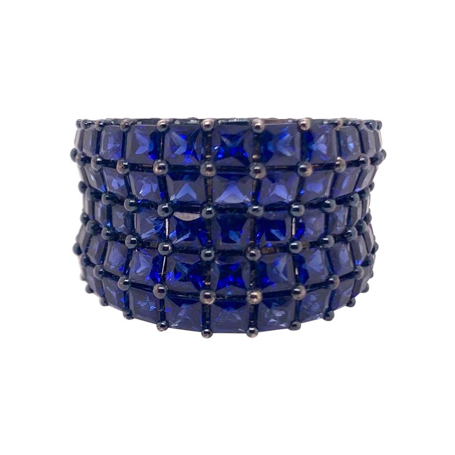 Royal Blue Sapphire Cigar Band Cocktail Ring in 18k White Gold