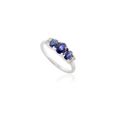 Royal Blue Sapphire Daimond Minimal Three Stone Ring in 14k Solid White Gold