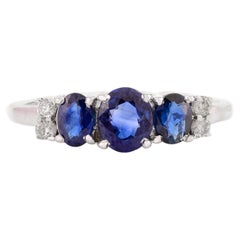 Royal Blue Saphir Daimond Minimaler Ring mit drei Steinen aus 14k massivem Weißgold