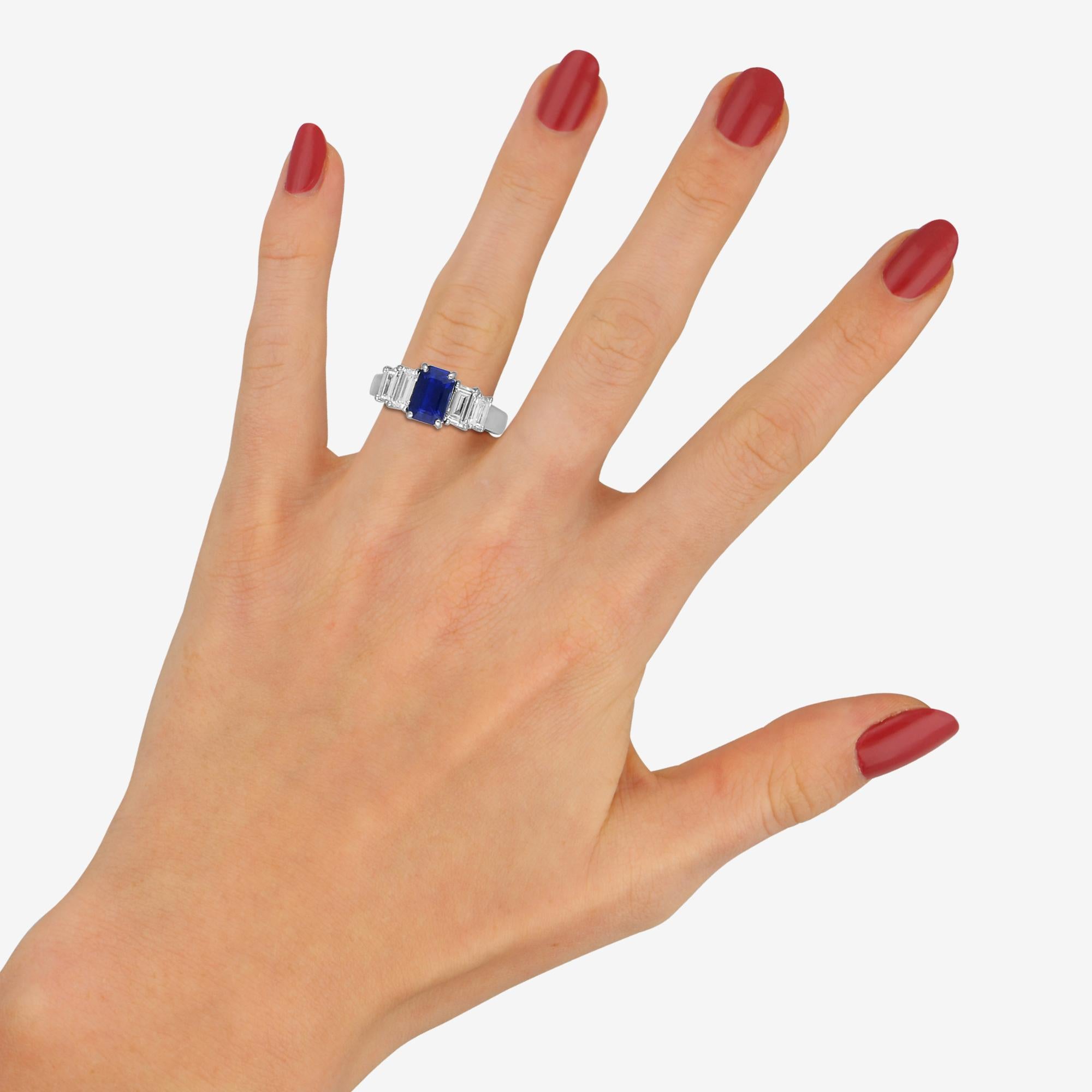 Women's or Men's Royal Blue Sapphire and Diamond Five Stone Ring Set in Platinum