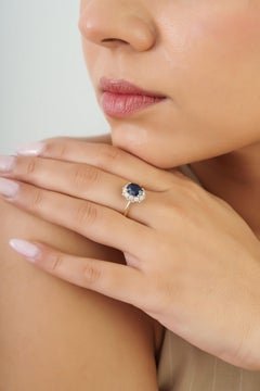 Royal Blue Sapphire & Diamond Halo Cocktail Ring 1.55 carat in 14K Yellow Gold
