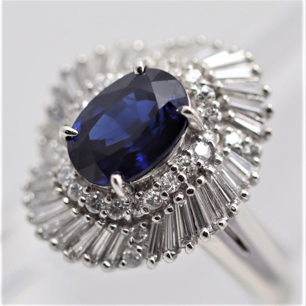 Royal-Blue Sapphire Diamond Platinum Ballerina Ring In New Condition For Sale In Beverly Hills, CA