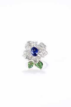 Royal Blue Sapphire Diamond Platinum Floral Ring