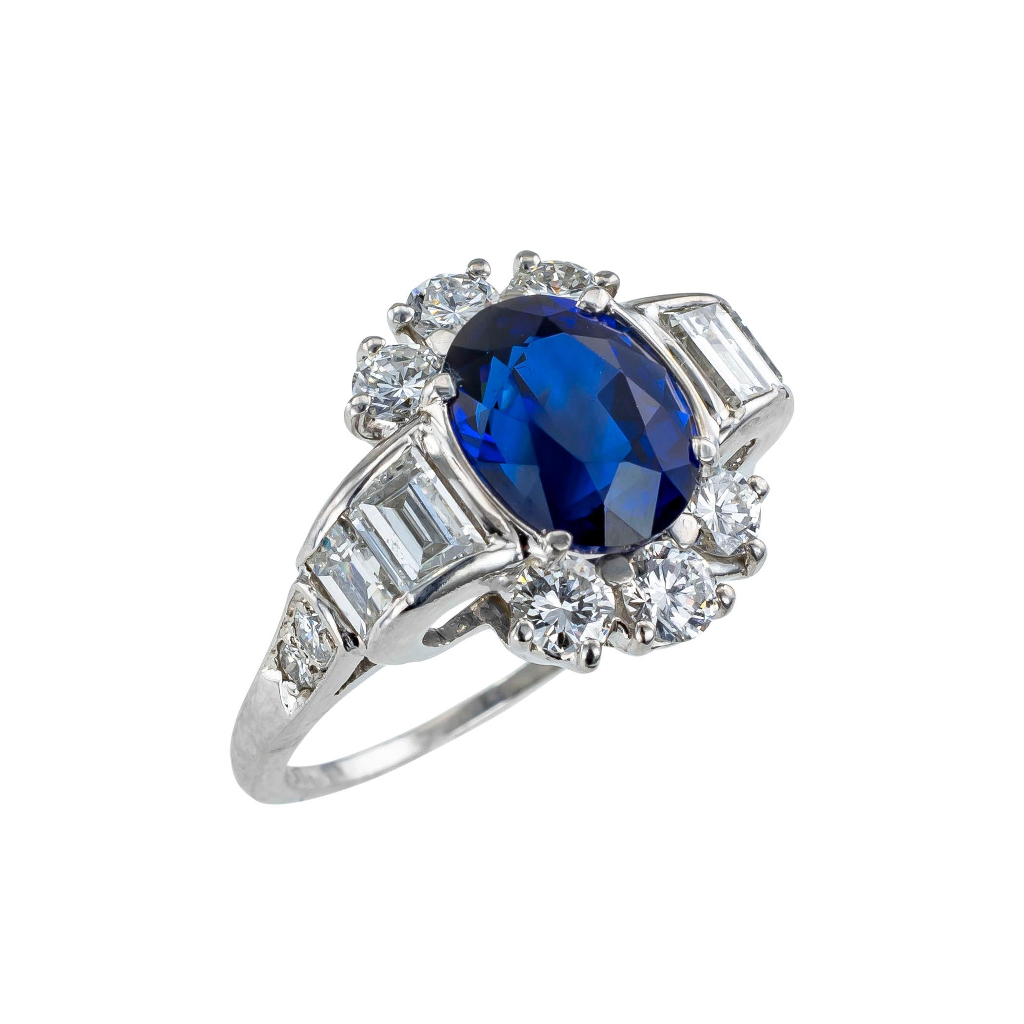 GIA certified Royal Blue sapphire diamond and platinum ring circa 1950.  Clear and concise information you want to know is listed below.  Contact us right away if you have additional questions.  We are here to connect you with beautiful and