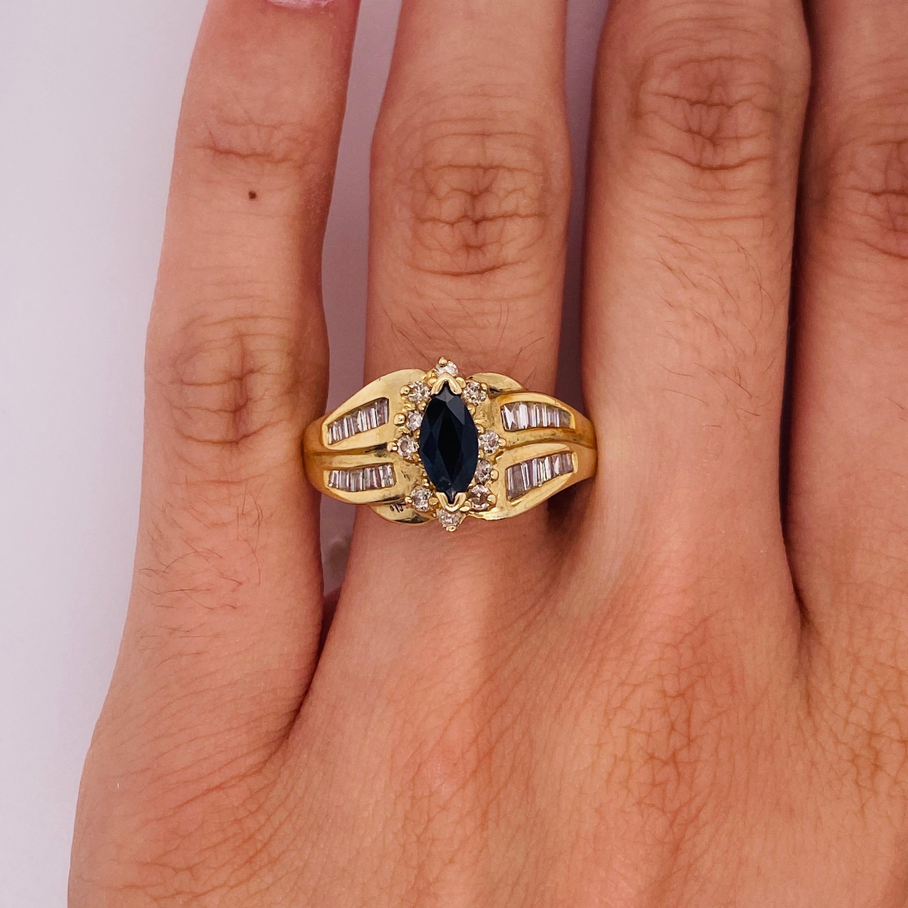 This wonderfully preserved estate sapphire and diamond ring would be a fabulous gift to your September loved one celebrating a graduation, anniversary, birthday, or important milestone! The marquise shape stone creates a rich centerpiece for a
