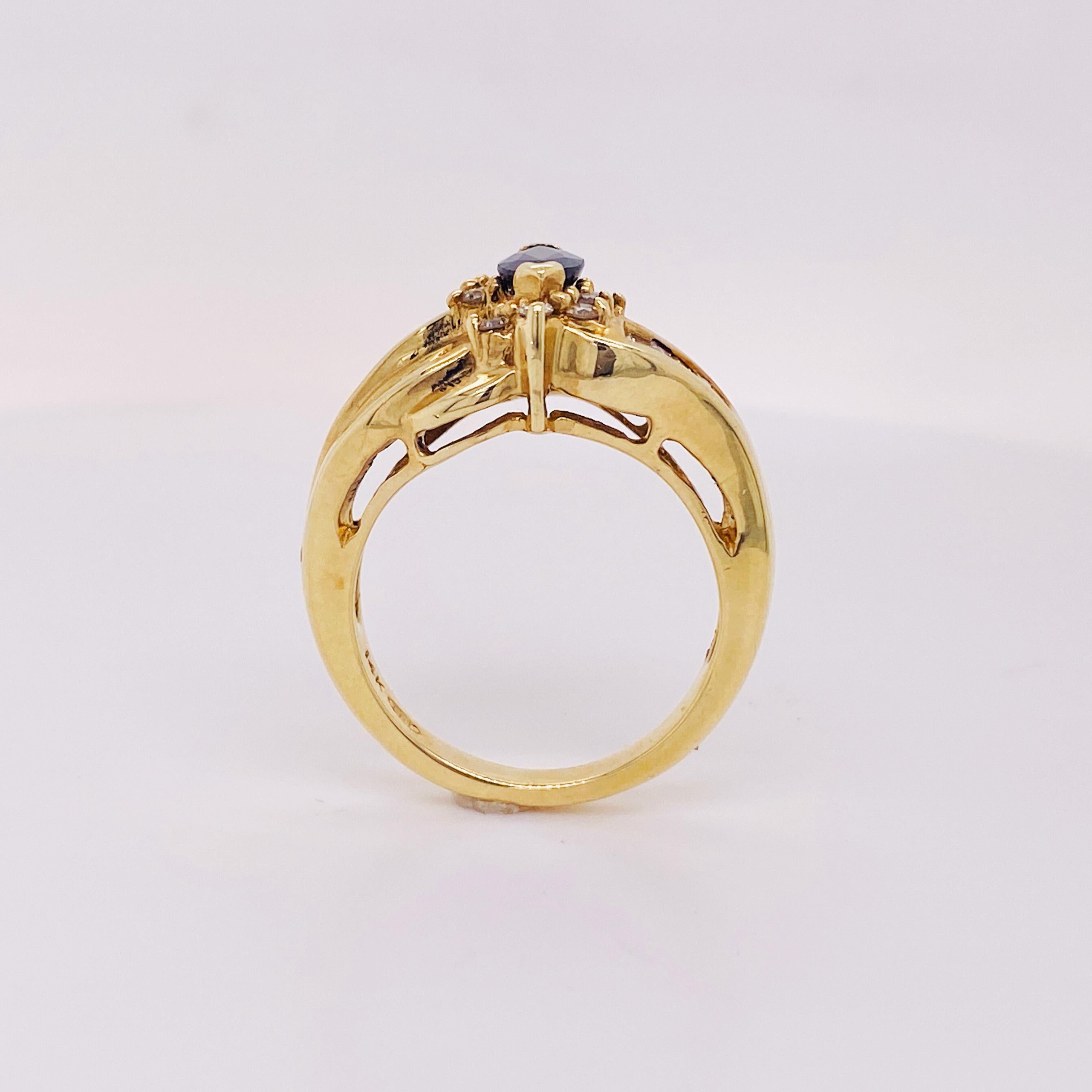 Retro Royal Blue Sapphire & Diamond Swirl Estate Ring 0.70 Carats, 14K Yellow Gold Lv For Sale