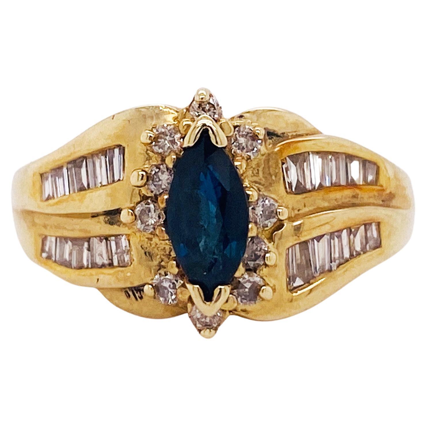 Royal Blue Sapphire & Diamond Swirl Estate Ring 0.70 Carats, 14K Yellow Gold Lv For Sale