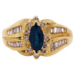 Vintage Royal Blue Sapphire & Diamond Swirl Estate Ring 0.70 Carats, 14K Yellow Gold Lv