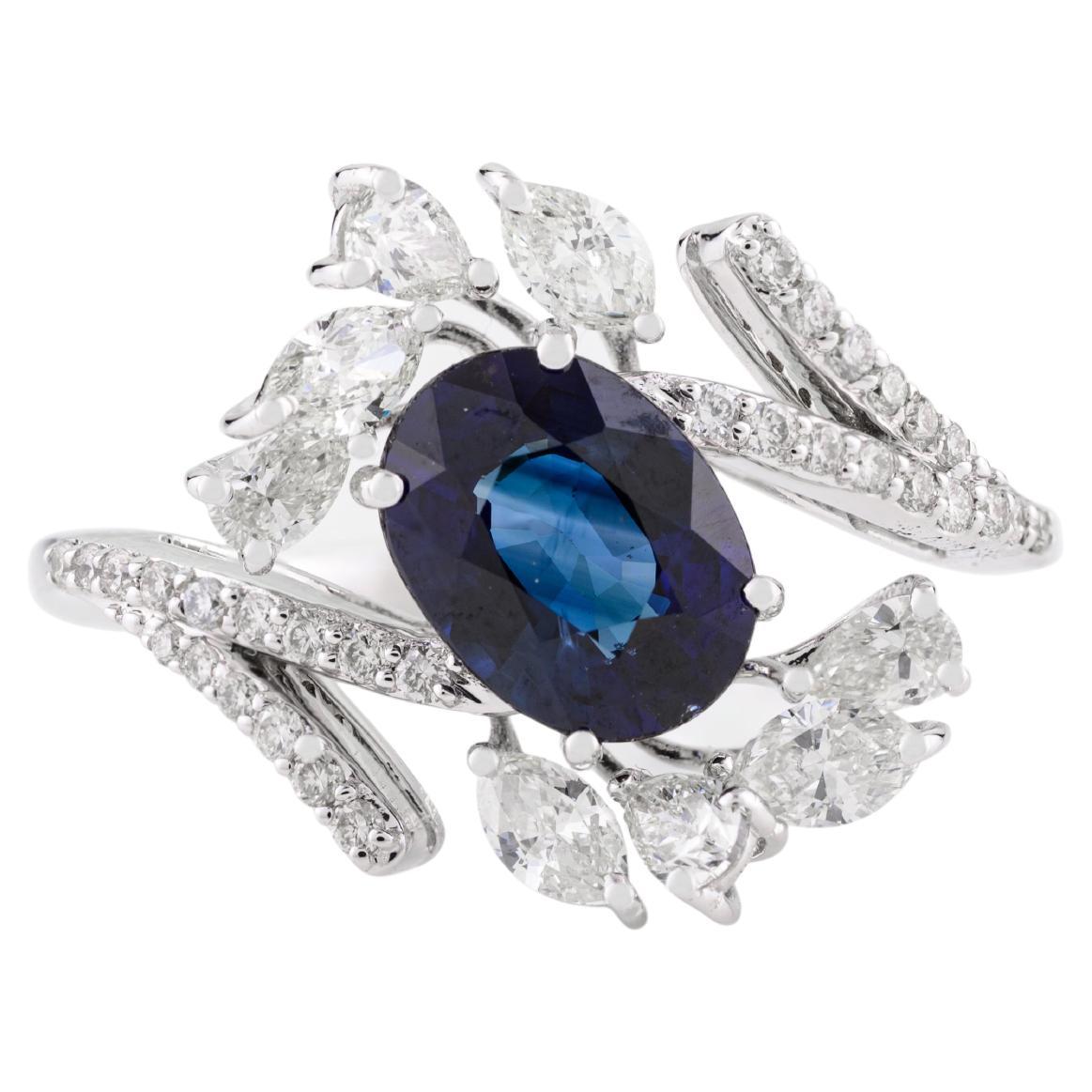 Royal Blue Sapphire Diamond Wedding Ring for Women in 18k Solid White Gold
