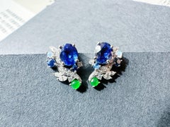 Royal Blue Sapphire Earrings in 18k Solid White Gold, Opal & Imperial Green Jade
