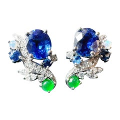 Royal Blue Sapphire Earrings in 18k Solid White Gold, Opal & Imperial Green Jade