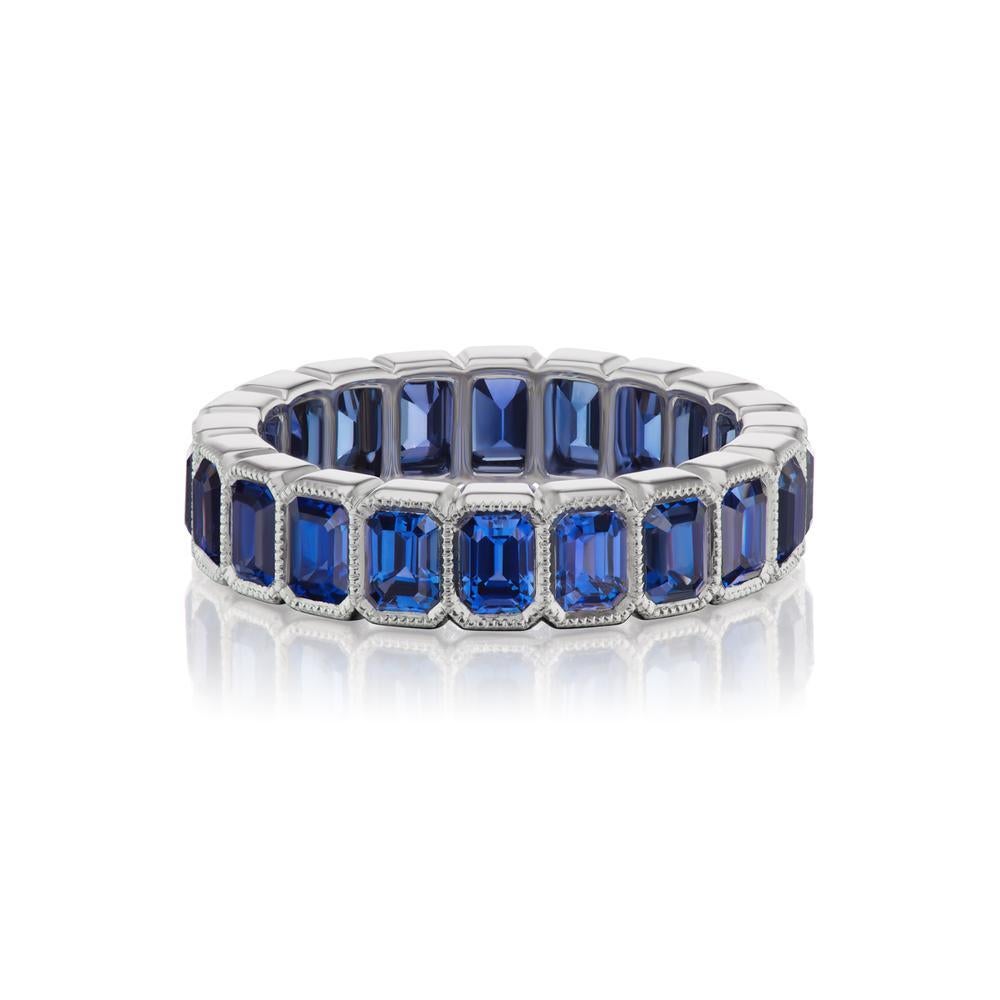 Brilliant Cut 18k White Gold 5.84ct Royal Blue Sapphire Eternity Band For Sale