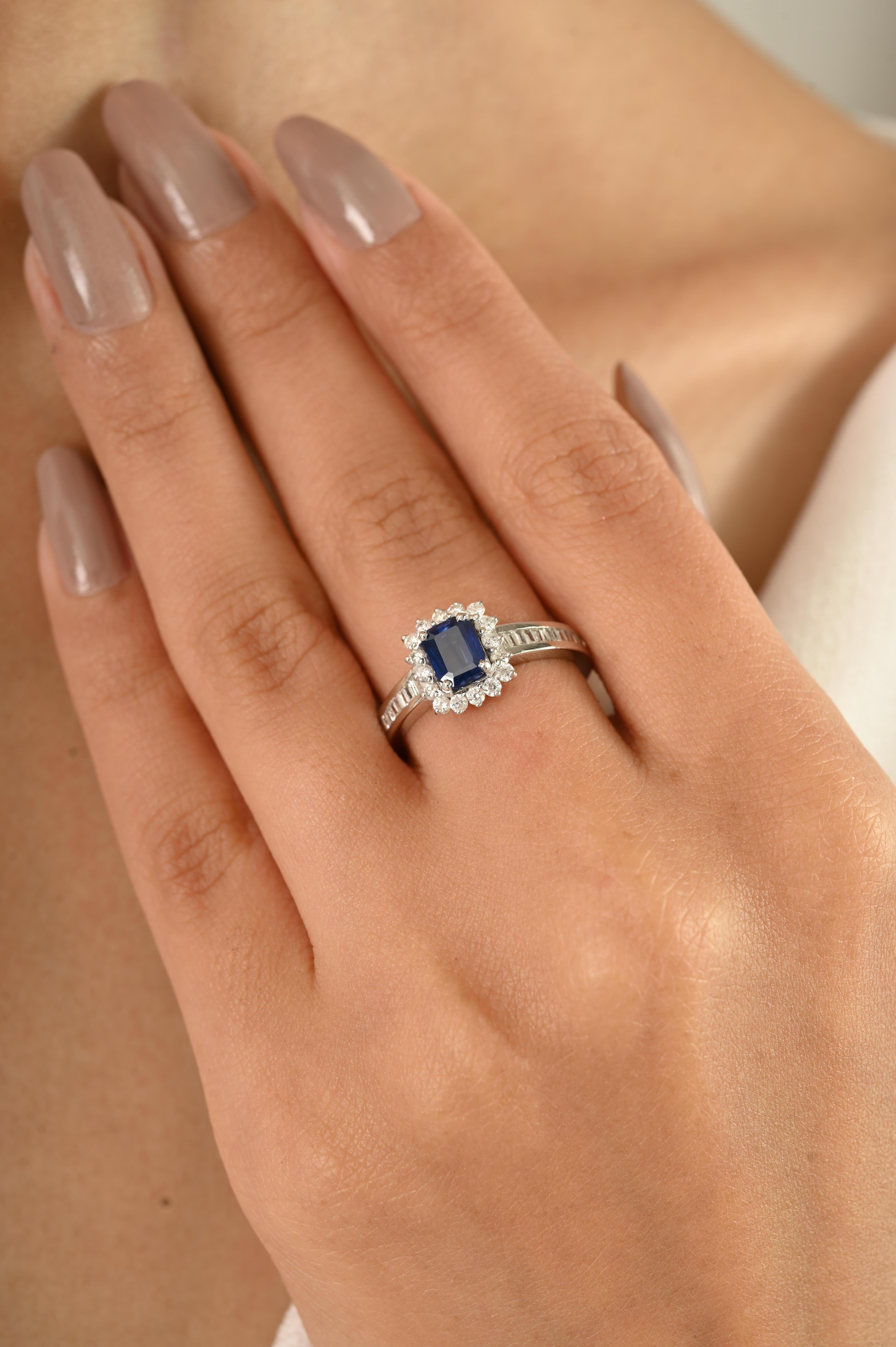 For Sale:  Royal Blue Sapphire Halo Diamond Engagement Ring in 14K White Gold For Women 10