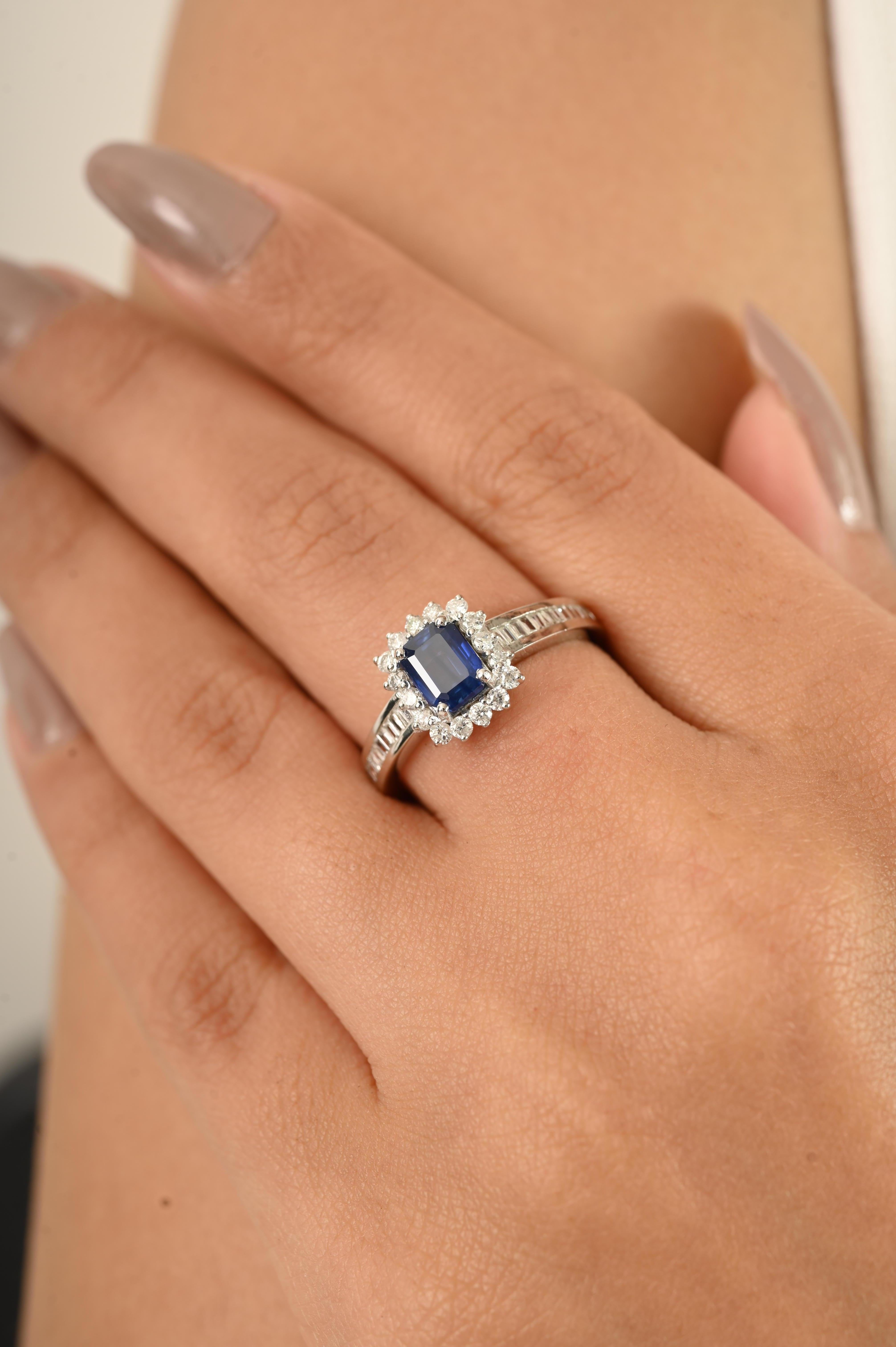 For Sale:  Royal Blue Sapphire Halo Diamond Engagement Ring in 14K White Gold For Women 4