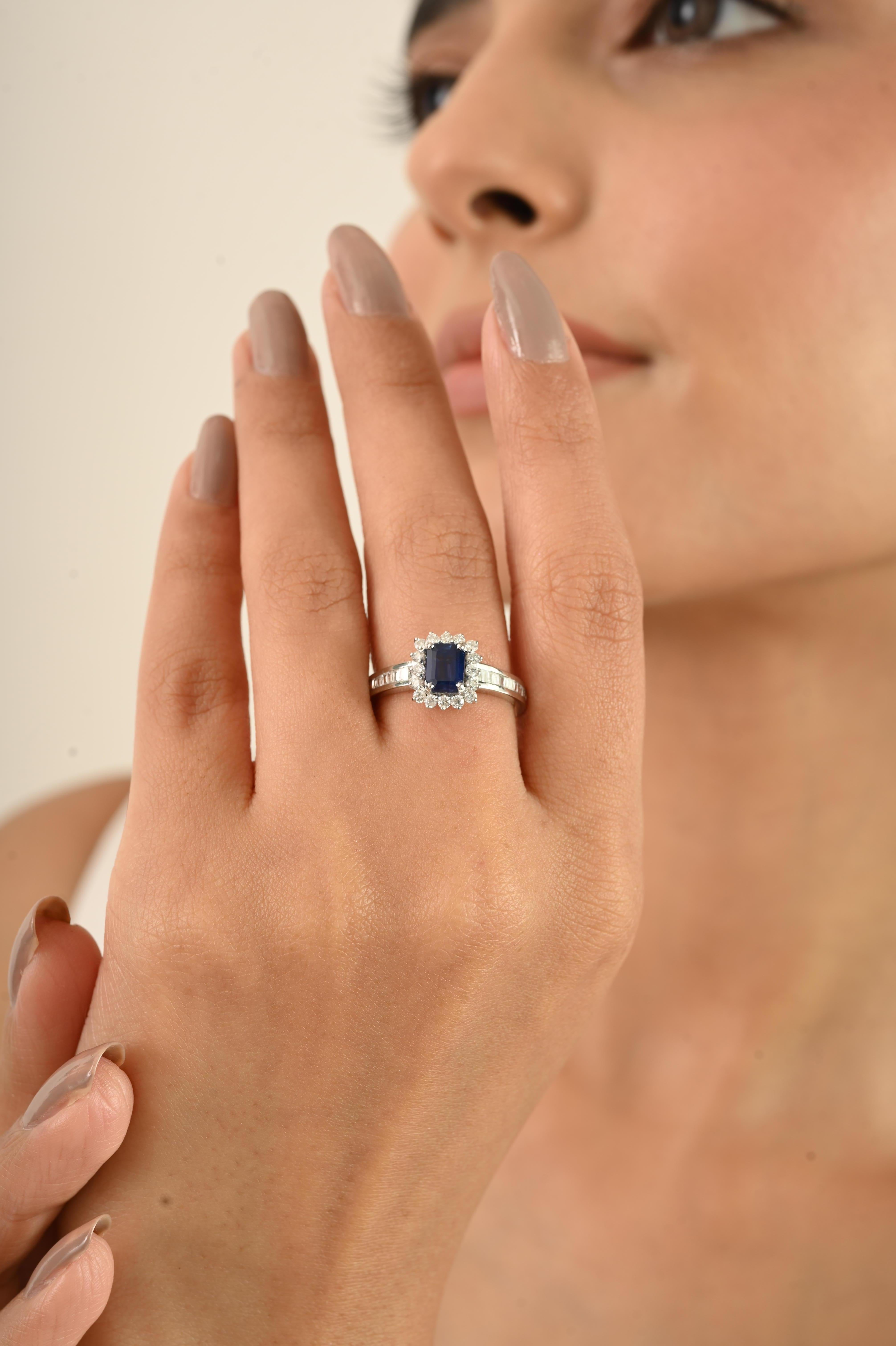 For Sale:  Royal Blue Sapphire Halo Diamond Engagement Ring in 14K White Gold For Women 6