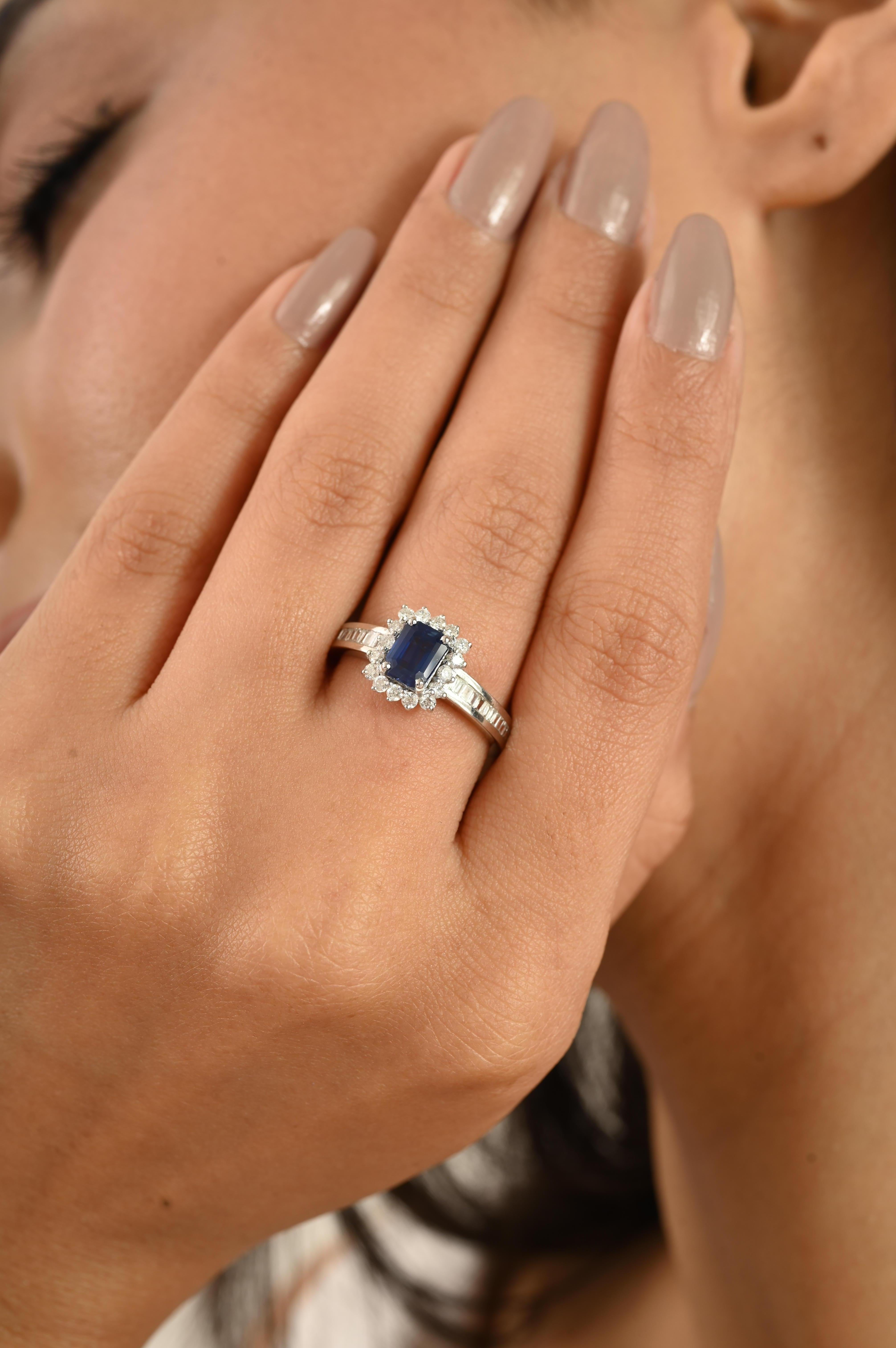 For Sale:  Royal Blue Sapphire Halo Diamond Engagement Ring in 14K White Gold For Women 8