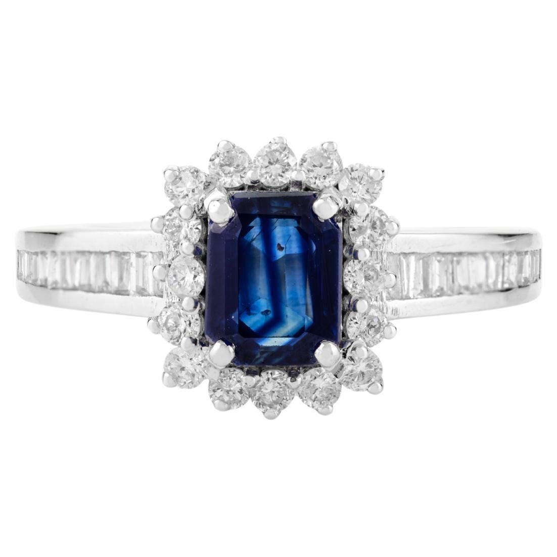 Royal Blue Sapphire Halo Diamond Engagement Ring in 14K White Gold For Women