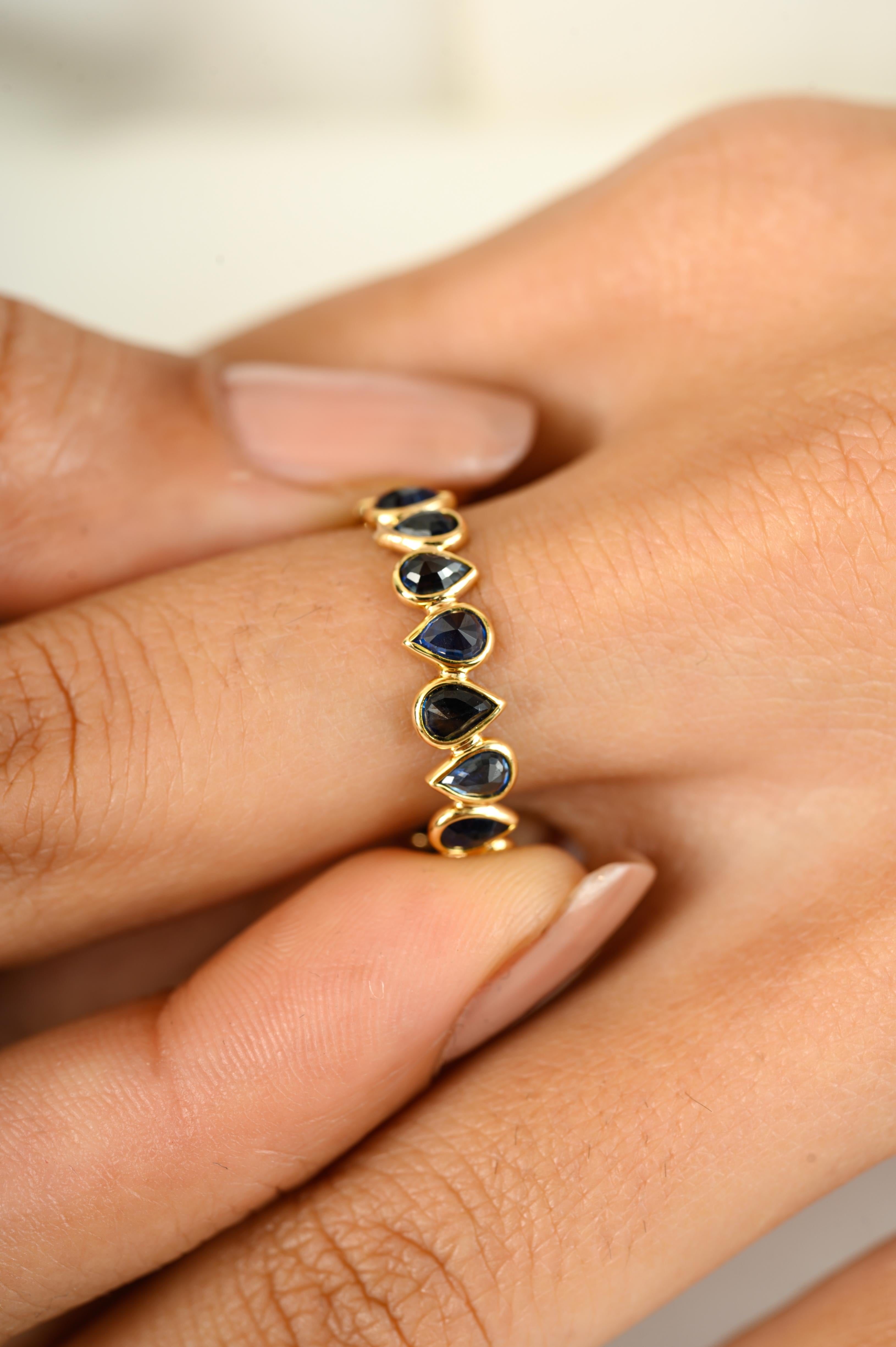 For Sale:  Royal Blue Sapphire Pear Shaped Eternity Ring Band in 18 Karat Solid Yellow Gold 6