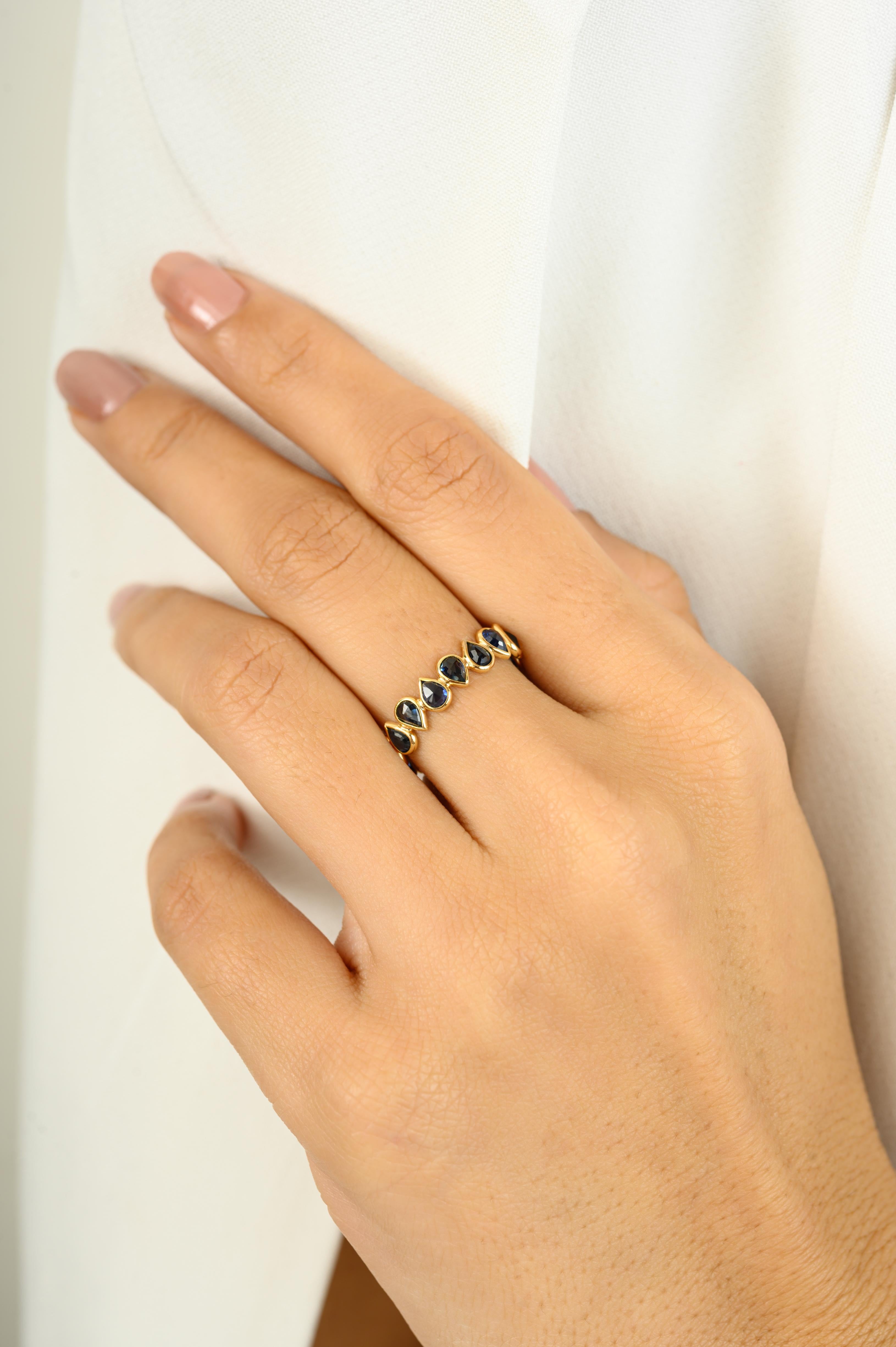 For Sale:  Royal Blue Sapphire Pear Shaped Eternity Ring Band in 18 Karat Solid Yellow Gold 7