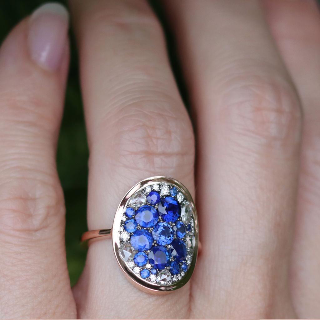 Royal Blue Sapphire, Rose-Cut & Briljant-Cut Diamond Pave Mosaic Ring 6