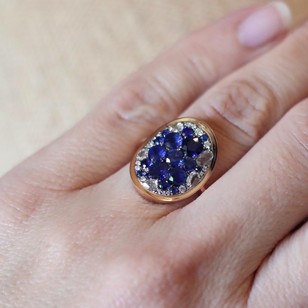 Royal Blue Sapphire, Rose-Cut & Briljant-Cut Diamond Pave Mosaic Ring 10